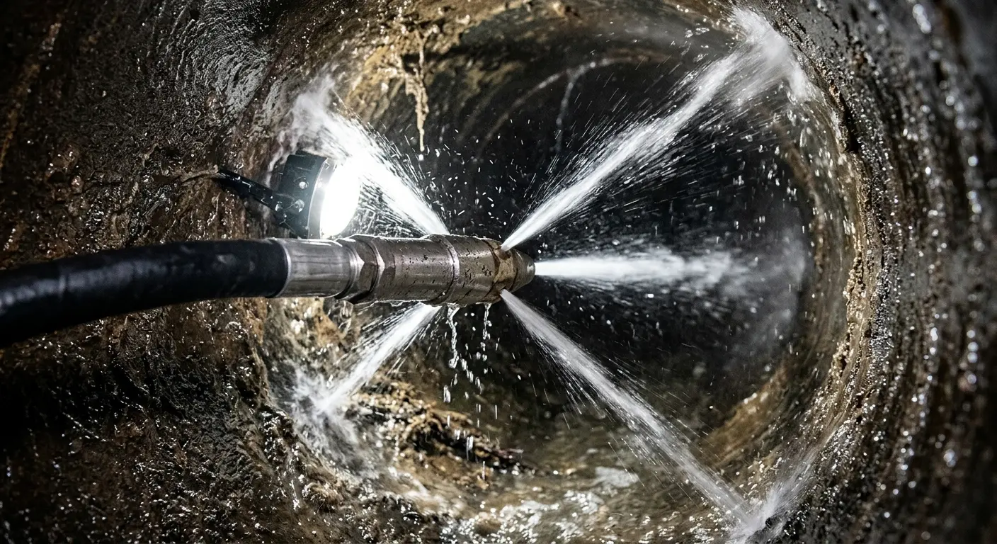 High-pressure hydro jetting nozzle cleaning sewer pipe for Trenchless Sewer Repair in Essex